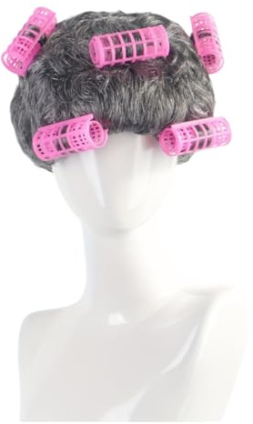 Retro 8 Zoll/20 Cm Lockige Alte Dame Perücke Mit Rosa Lockenwicklern, Oma Oma Kostüm Perücke Für Frauen Erwachsene Halloween Cosplay Dress Up