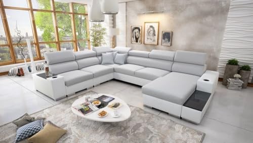 IM SOFA XXL Eckcouch U-Form Bettfunktion Ecksofa Wohnlandschaft PERS VIII (Hellgrau Luxo + Weißes Kunstleder, Rechts)