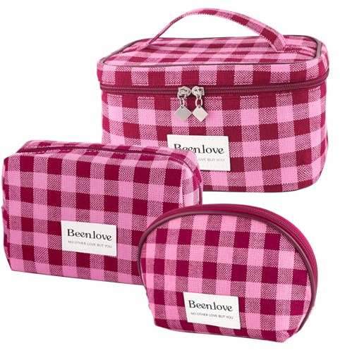 3er Set Kosmetiktasche für Damen, 3 Größen, große karierte Make-up Taschen | Kulturtasche Damen für Reisen und Alltag, mit Reißverschluss, für Kosmetik und Pflegeprodukte