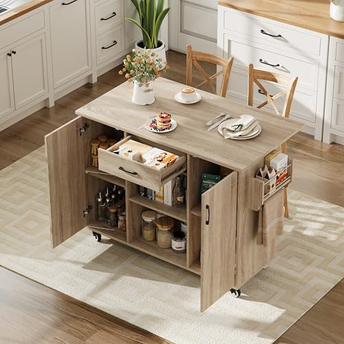 xixiworkshop Küchenwagen mit Rollen 120x43×93cm, Schublade&Gewürzregal | Kuicheninsel mit 5 robusten Lenkrollen,für alle Küchenutensilien,fur Esszimmer,Natural+MDF