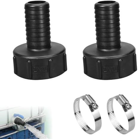 2pcs IBC Adapter S60x6 auf Schlauchtülle, IBC Tank Zubehör, Grobgewinde 60 mm, Innengewinde auf Tülle 32 mm, Gartenschlauch Wasserhahn Adapter,PVC Dichtungen Edelstahlschellen