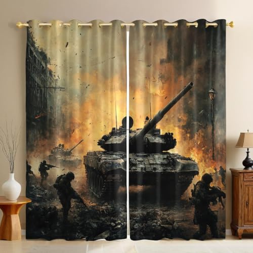 Moderne Vorhänge Blickdicht Verdunkelung Panzer und Soldaten in Tarnkleidung Ösen, Thermovorhänge orange Farbe Energiesparfunktion & Wärmeschutz für Wohnzimmer Schlafzimmer, 2er Set H160 x B70 cm