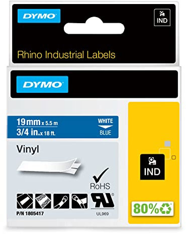 DYMO Rhino-Industrie-Vinyletiketten | 19 mm x 5,5 m | weiß auf blau | selbstklebendes Schriftband | für DYMO Rhino und LabelManager Beschriftungsgerät
