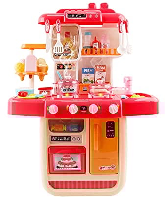 deAO ‘My Little Chef’ Miniature Kitchen Play Set with 34 Accessories, Induction Hob, Water, Light and Sound Features Blue/Red (PINK)