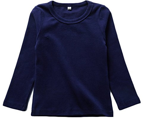 Kids Basic Round Neck Top Girl Boy Stretchy Long Sleeve T-Shirt School Tee Cotton Warm Tops Navy 7 Years