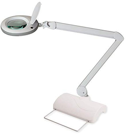 Lumeno LED Lupenleuchte 7215GR Lupenlampe mit 127 mm Echtglaslinse, Arbeitsplatzlampe, Kosmetiklampe, geeignet für Kosmetik, Bastler, Lesehilfe Vergrößerungslampe, 5 Dioptrien Grau mit Tischstativ