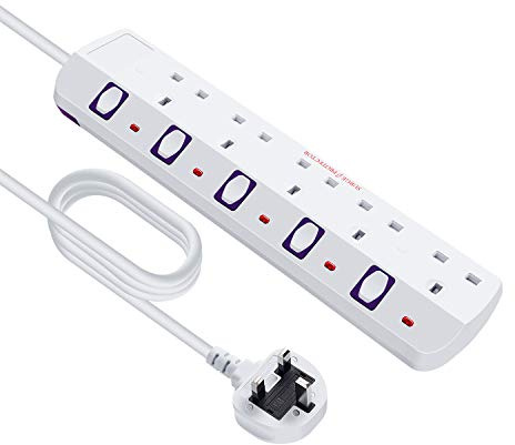 2M 5 Way individual Switch Power Surge Protection Extension Lead, Strip-5Gang-2M (5Way-White)