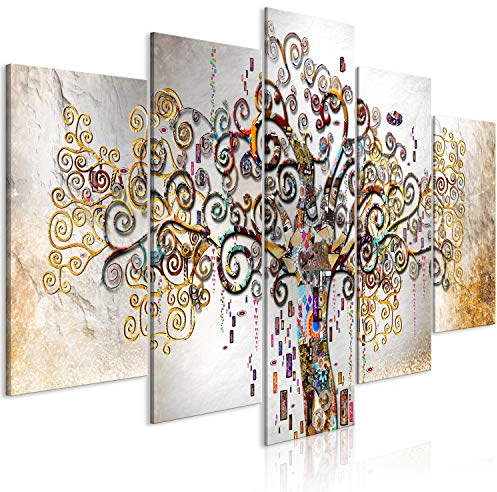 B&D XXL - Wandbilder XXL Gustav Klimt Baum des Lebens 200x100cm 5 tlg - Wand Deko Leinwand Bilder Groß Wanddeko Wohnzimmer Schlafzimmer Kunstdrucke - Abstrakt Tree of life