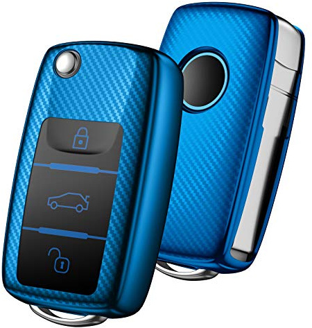 OATSBASF Autoschlüssel Hülle VW, VW Golf Schlüsselbox,Schlüsselhülle Cover für vw Polo Passat Skoda Seat 3-Tasten(Blau-Streifen)