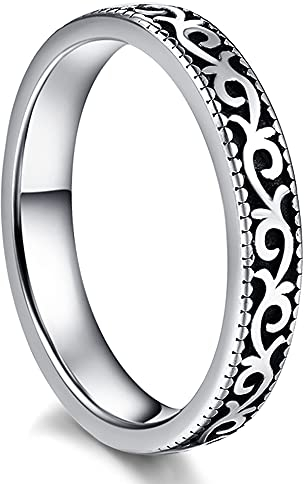 Cloyo Ringe für Frauen Männer Edelstahl Ring Keltischer Verlobungsring Paar Vintage Ringe Silber Schwarz Damen Ehering Muster mit Blumen Größe 62(19.7)