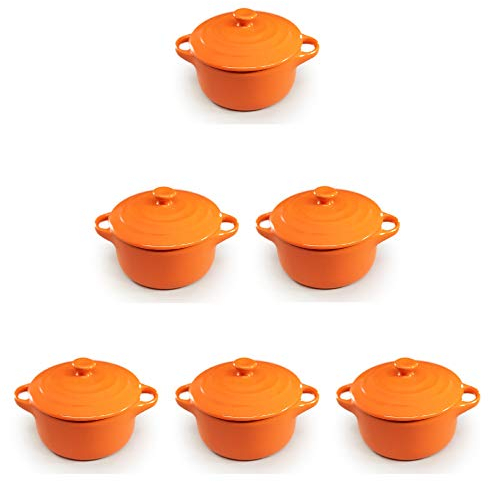 Hobby Tech Lot de 6 Mini Cocottes Oranges Céramique Double Poignées avec Couvercle 13,5cm x 8cm Contenance Moule 200ml Ramequin Résistant Haute Température Four pour Petits Plats (Orange, Lot de 6)