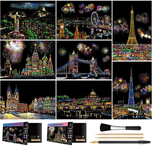 Scratch Art for Teens & Adults, Rainbow Engraving Painting Landscape Scratchboard(A4) Crafts Set: 8 Sheets 4 tools - Fireworks, Tower Bridge, Big Ben, Cristo Redentor, Ferris Wheel(Landmark Building)