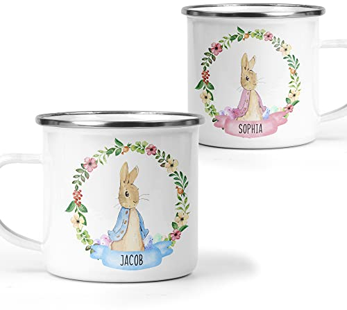 Personalised Pink Easter Bunny Enamel Mug with Name – Custom Girls Easter Cup – Cute Kids Hot Chocolate Mug – Easter Gift for Girls – Egg Hunt Keepsake – Bunny Mug for Children (Enamel, Pink)