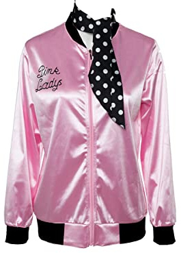 Pink Ladies 1950s Danny Chaqueta de Saten Pink con Panuelo de Lunares Abrigo Rosa para el Carnaval de Halloween