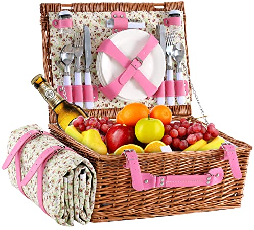 HYBDAMAI Weiden-Picknickkorb für 4 Personen, mit wasserdichter Picknickdecke und isoliertem Kühler, Weidenkorb für Camping, Outdoor, Fotoshooting, Geburtstag, Valentinstag, Hochzeitsgeschenk, Rosa