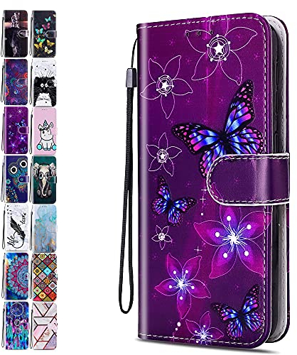 Lederhülle für Samsung Galaxy A51 4G 2020 Hülle Muster Lila Schmetterling Handyhülle Flip Case Cover Schutzhülle mit Kartenfach Handytasche für Mädchen Damen