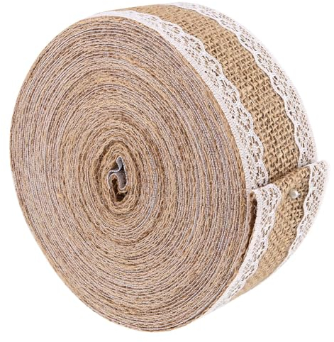 PUCSIQ 5cm x 10m Juteband mit Spitze Natürliche Jute Bänder Vintage Juteband mit Spitze Juteband Vintage Spitzenband für Hochzeit Weihnachten Basteln Geschenke Deko Geschenkverpackung