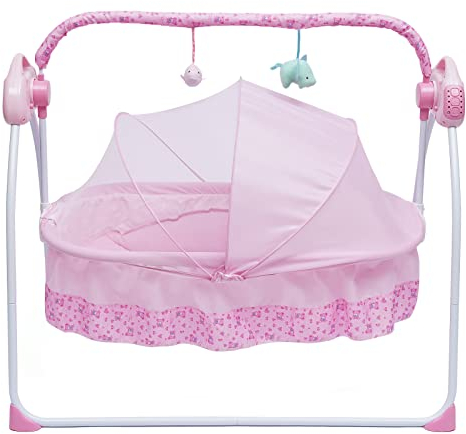 SABUIDDS Baby Wippe Elektrisch mit 5 Schaukel Geschwindigkeiten Klappbar Babyschaukel mit 12 Songs Babywippe Schaukel mit Fernbedienung und Bluetooth für Babys Zwischen 0 Und 18 Monaten, Rosa