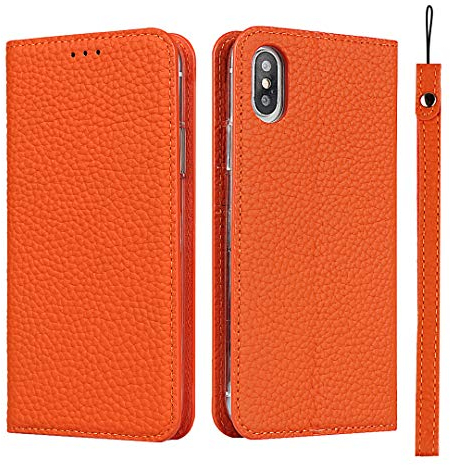 ELTEKER Hülle iPhone XS Max Handyhülle [Echtes Leder] Klapphülle mit Kartenfach,Schutzhülle Leder Hülle für iPhone XS Max-Orange