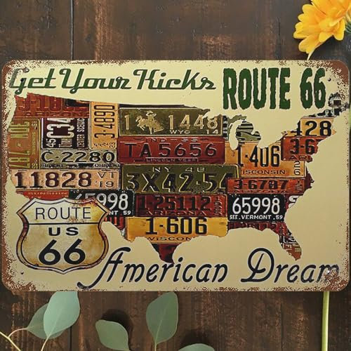 Metall-Blechschild im Vintage-Stil, 20,3 x 30,5 cm, Route 66, Wandkunst, Route Us Road License, Get Your Kicks, American Dream Poster für Zuhause, Wohnzimmer, Schlafzimmer, Garten, Garage, Café, Bar,