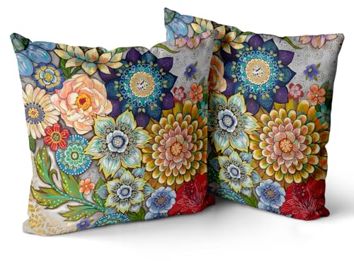 Snylcce 2er Set Frühlings Boho Kissenbezüge Dekokissen 50 x 50 Samt Soft Kissenbezug Böhmischer Retro Ethno Dekorative Kissenhülle Zierkissenbezüge für Sofa Schlafzimmer Wohnzimmer Zuhause Blüte 1