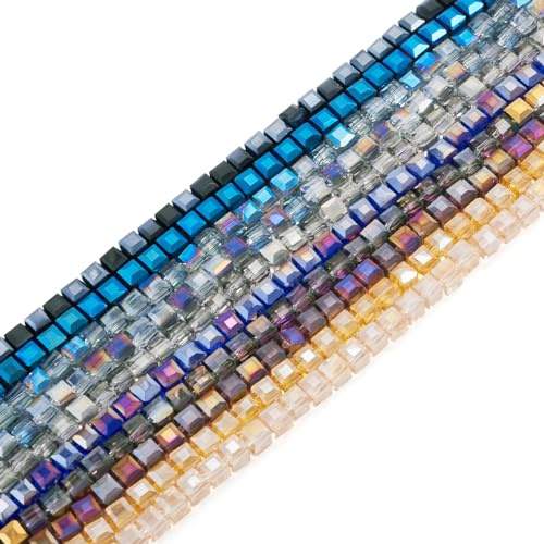 PandaHall 10 Stränge, 4 mm, facettierte Würfelglasperlen, quadratisch, kubischer Kristall, lose Perlen, Großpackung für DIY-Handwerk, Armbänder, Halsketten, Ohrringe, Schmuckherstellung
