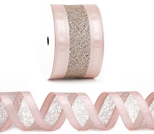 DINDOSAL Nastro di raso rosa antico con filo metallico, 6,3 cm x 9,1 m, nastro di raso rosa con rete dorata per decorazioni per alberi, confezioni regalo, ghirlande, decorazioni per la casa