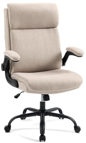 CASTLOVE Ergonomischer Bürostuhl - Schreibtischstuhl mit Rückenlehne - Hochklappbare Armlehne - Hohe Rückenlehne - Höhenverstellbar - Wippfunktion (Bürostuhl Stoff Beige Max. 150 kg)