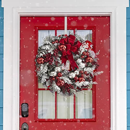 ZJchao Christmas Wreath, Red and White, Artificial 40cm, Plastic Flocking, Cordless Pre-Lighted, Door Mount