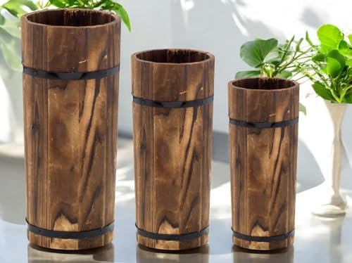 Lot de 3 pots de fleurs hauts en bois de style bambou pour décoration intérieure et extérieure avec 3 tailles assorties par lot (S, M, L) (petits ensembles (44 cm, 38 cm, 33 cm)