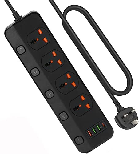 Extension Lead with USB, 4 Way Power Strip, Individual Switches, USB-C | 3 USB-A + 1 USB-C Charging Ports, Surge Protected, 3M/9.84FT Cable for Home Office, Desk and Bedroom, UK Plug