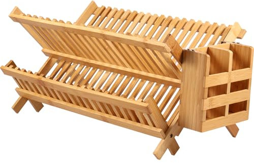 Foppla Escurridor de platos, escurridor de platos de bambú con 20 ranuras, cuenco de 2 niveles y soporte para platos con caja de utensilios, estante plegable para almacenamiento de platos y platos