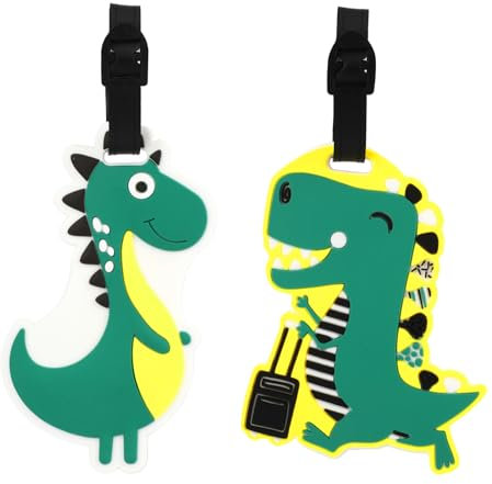 Lot de 2 étiquettes de bagage pour valise de voyage avec 2 cartes supplémentaires, étiquettes de nom en forme de dinosaure en silicone