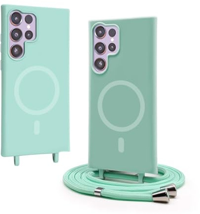 BGHHEU Silicone Coque Magnétique pour Samsung Galaxy S24 Ultra avec Cordon,Compatible avec MagSafe,Étui Housse Silicone avec Portable Lanyard Réglable, Vert Menthe