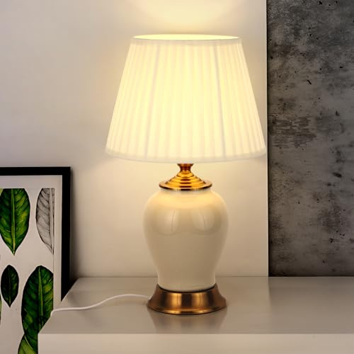 HvKvHvY Tischlampe Moderne E27 Nachttisch Lampen, weiße Stoff Lampenschirm Schreibtischlampe, Keramik Nachttisch Lampe Schlafzimmer Dekoration Studie Leselampe, Weiß