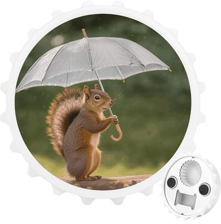 Squirrel Hold A Umbrellas Bottle Opener Home Decor Magnetic Beer Opener for Beer Lovers, Funny Round Decoration Fridge Magnets Portable Drink Bottle Opener for Refrigerator, White-style