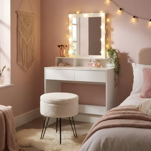 Harbour Housewares Wooden Dressing Table Set with LED Lights & Cream Stool - White - 2pc Bedroom Vanity Makeup Mirror Desk Set with Storage Drawers & Organiser Top | 80 x 40 x 145cm