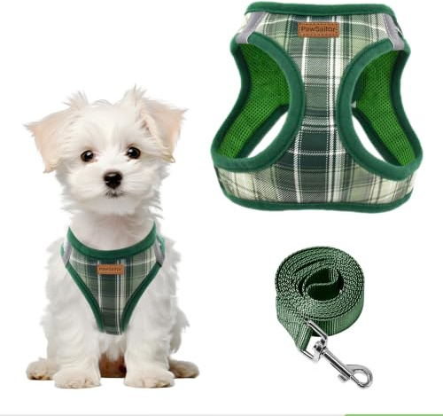 PawSailor Step-in Hundegeschirr Klein Hunde Anti-Zug Welpengeschirr, Grün | Gepolstert Verstellbar Brustgeschirr mit Leine, Atmungsaktiv Mesh, Reflektierend Karomuster für Kleine Hunde & Katzen, XXS