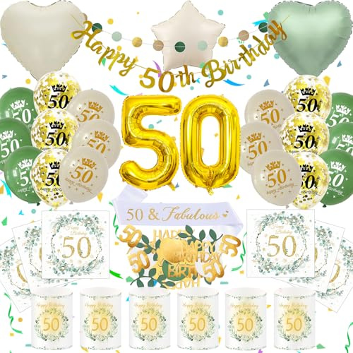 50 Geburtstag Deko Männer Frauen, Grün Gold Zahlenballon 50. Geburtstag Set | Geburtstagsdeko 50 Jahre, Grün Gold Party Deko, Happy 50th Birthday Banner, 32 Zoll Zahlenballons, Schärpe und Ballons
