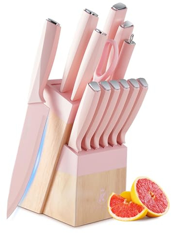 AVEKI Kitchen Knife Set, 14PC Knife Set with Block and Sharpener,Stainless Steel Sharp Blade Knives, Non-Stick Coating Cooking Knife Sets with Ergonomic Handle, Chef's Knife for Housewarming (Pink)