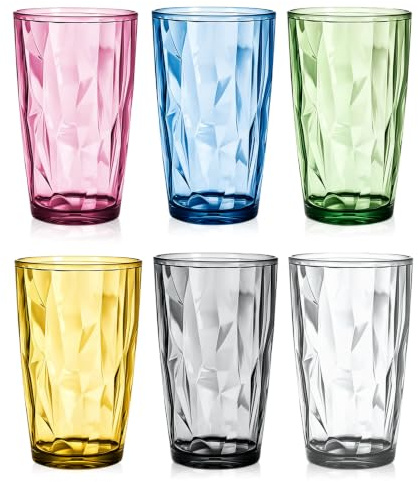 Juego de 6 vasos de agua, 490 ml, de plástico, acrílico, con aspecto de cristal, irrompibles, apilables, para pícnics, fiestas, acampadas