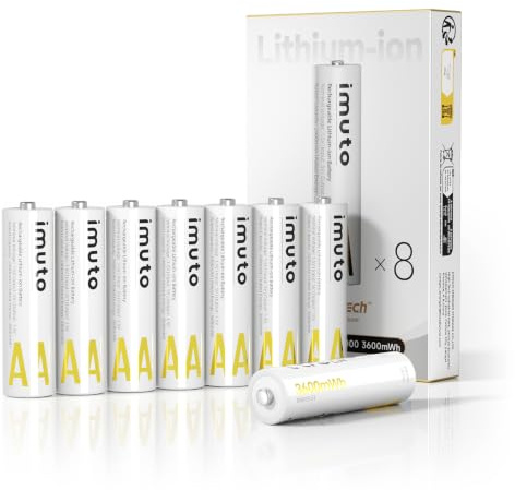 imuto Rechargeable aa Batteries, 3600mWh aa Lithium Batteries 8 Pack | 1.5V 2A Output Double a Battery, 2500+ Cycles life, Wide Temp -40°F~140°F, Leak-Proof CBPI, everyday household devices