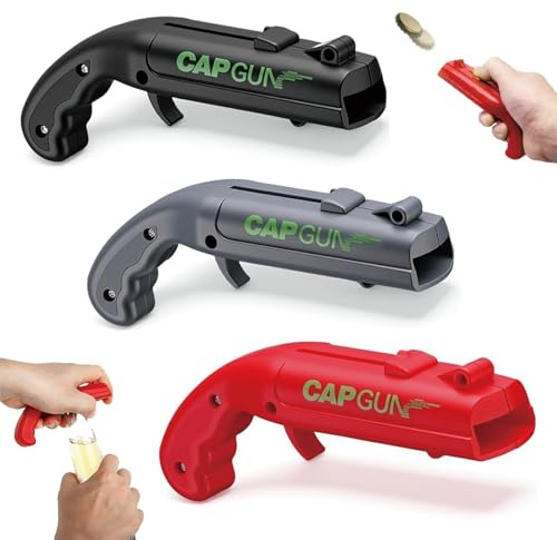 3pcs Cap Gun Bottle Opener, Novelty Gifts for Men, Beer Gifts for Party Entertainment and Social Activities, Bottle Cap Gun for Bar and Home Use, (Red Grey Black)