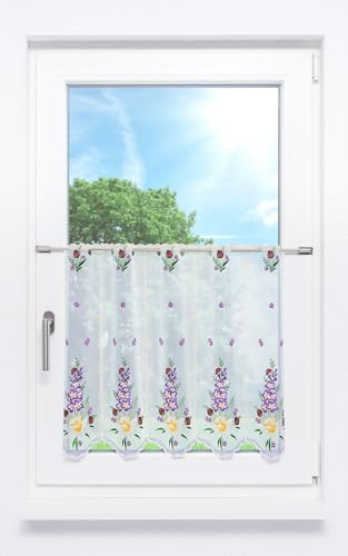 Plauener Spitze Scheibengardine Frühlingsblumen (Bx H) 144cm * 55cm Violett/Lila