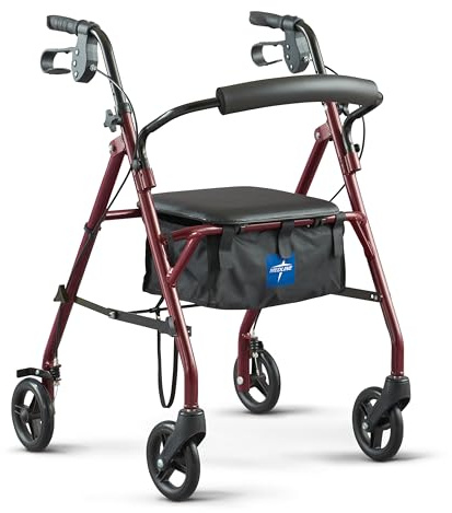 Healthcare Direct 100RA Steel Rollator Walker with 350 lb. Weight Capacity, Burgundy
