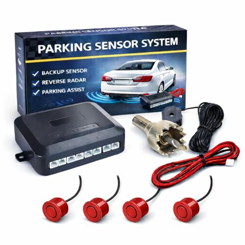 CAR PASSION Kit Sensori di Parcheggio Auto Universali Verniciabili - 4 Sensori Posteriori con Cicalino, Facile da Installare, Manuale in Italiano - Adatti per Auto, Furgoni e Camper (Rosso)