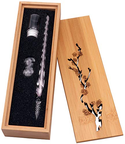 HSTYAIG Glas Dip-Stift Jahrgang Handgemachte Glas Unterschrift Stift Elegante Kristall Dip Zeichen Geschenk Stift Mit Geschnitzten Holzkiste(Hellrosa)