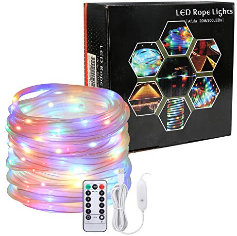Afufu Guirlande Tube Lumineuse LED 20m, Tube Lumineux Extérieur RGBY USB Étanche IP65, 8 Modes Télécommande, avec Minuterie et Fonction de Mémoire, pour Décoration Jardin, Noël, Mariage, etc.