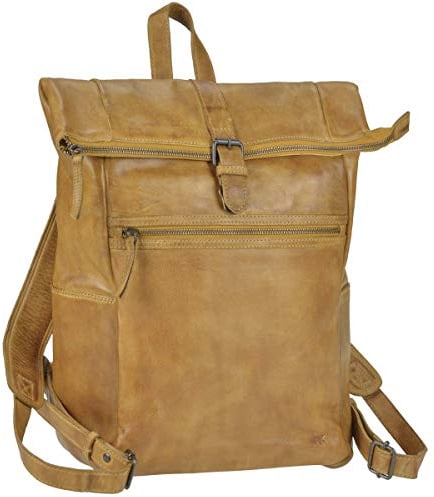 Bear Design Rucksack Leder Damen Herren Rolltop Daypack Kurierrucksack Tagesrucksack Trekkingrucksack Fahrradrucksack mit Notebookfach Ocker