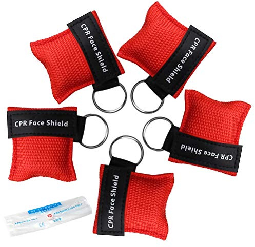 kuou 5 Pcs CPR Mask Keychain Ring, Emergency Kit Face Shield | Compact First Aid Carry, for First Aid or AED Training（red）
